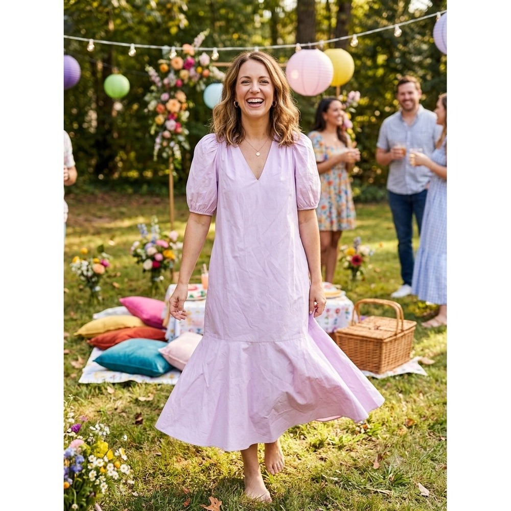 Anna Cate Tuckernuck Midi Dress Womens Small Lilac Purple Puff Sleeve Poplin